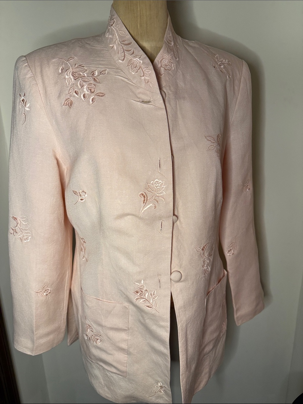 Women's Pink Embroidered Mandarin Collar Jacket
